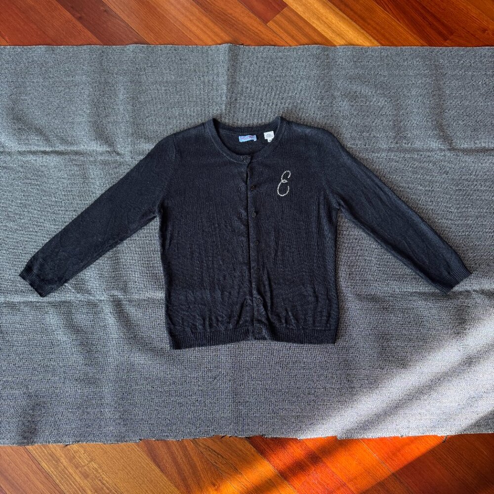 Black Silk Cashmere Cardigan E Rhinestone Monogram SP/XS - Picture 9 of 16